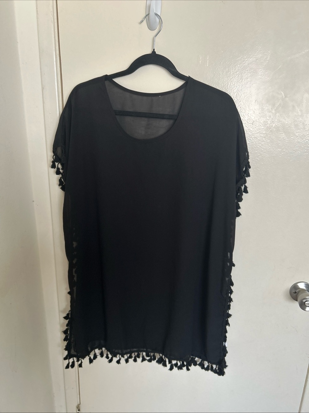 Black Tassel-Trim Swim Coverup Tunic
